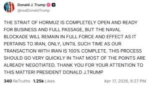 US naval blockade to remain in place until deal reached with Iran: Trump