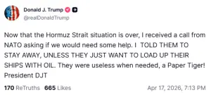 Trump tells Nato to &lsquo;stay away&rsquo; from Strait of Hormuz