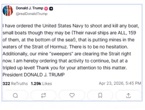 Trump says ordered US navy to 'shoot and kill' boats placing mines in Strait of Hormuz