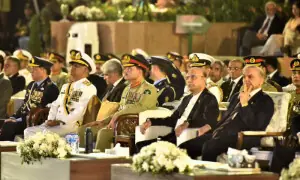President Asif Ali Zardari, Prime Minister Shehbaz Sharif, and services chiefs photographed during the Marka-i-Haq's first anniversary commemoration ceremony in Islamabad on May 10, 2026. — Photo via ISPR