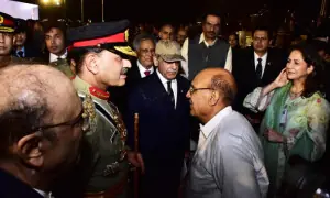 President Asif Ali Zardari, Prime Minister Shehbaz Sharif, and chief of armed forces, during the Marka-i-Haq's first anniversary commemoration ceremony in Islamabad on May 10, 2026. — Photo via ISPR