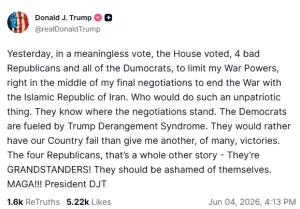 Trump slams 'unpatriotic' US House vote to end Iran war