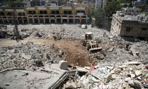 PHOTOS: Rubble is cleared from main market place destroyed by Israeli military in Lebanon's Nabatieh