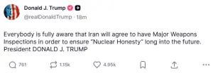 Trump asserts Iran will agree to have weapons inspections to ensure 'nuclear honesty'