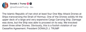Trump accuses Iran of launching 'foolish' drone attack on cargo vessel, violating ceasefire