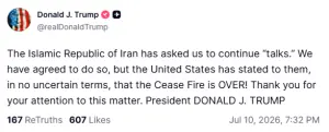 Trump agrees to continue Iran talks, reiterates ceasefire is 'over'