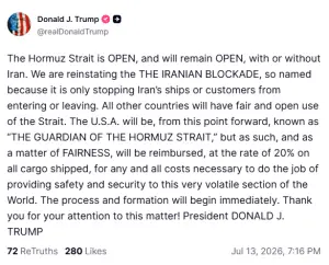 Trump announces US reinstating naval blockade of Strait of Hormuz