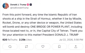 Trump threatens to hit one Iranian bridge or power plant for every ship attacked in Hormuz