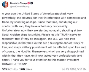 Trump says will hold Iran responsible for Houthi attacks on commercial shipping
