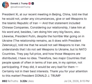 'It would be very bad for them': Trump says arming Iran not in China's, Russia's interest
