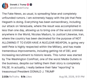 Trump denies rift with Pentagon chief Hegseth, slams Washington Post report