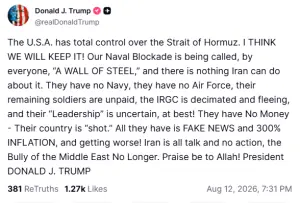 Trump claims US has 'total control' over Strait of Hormuz