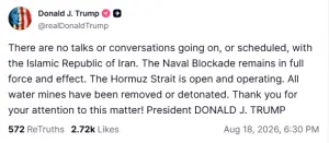Trump insists no talks ongoing with Iran, no more mines in Strait of Hormuz