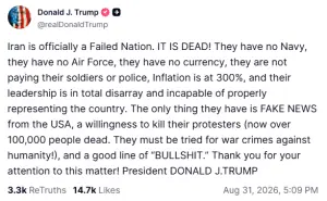 Trump calls on Iran to be tried for 'war crimes against humanity'