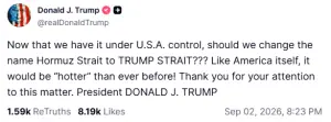 Trump suggests renaming Strait of Hormuz 'Trump Strait'