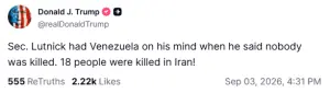 Trump confirms 18 killed in US strikes on Iran