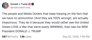 Trump calls media outlets reporting low US ammunition reserves 'treasonous'