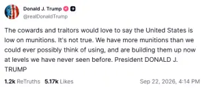 Trump blasts 'cowards and traitors' claiming low US munitions