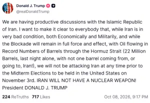 Trump says US will not attack Iran prior to Nov 3 midterm elections