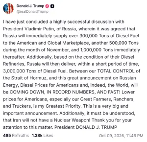 Trump says Russia to 'immediately' supply 300,000 tonnes of diesel fuel to global market