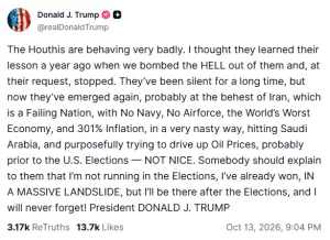 Trump accuses Houthis of trying to drive up oil prices ahead of US midterm elections
